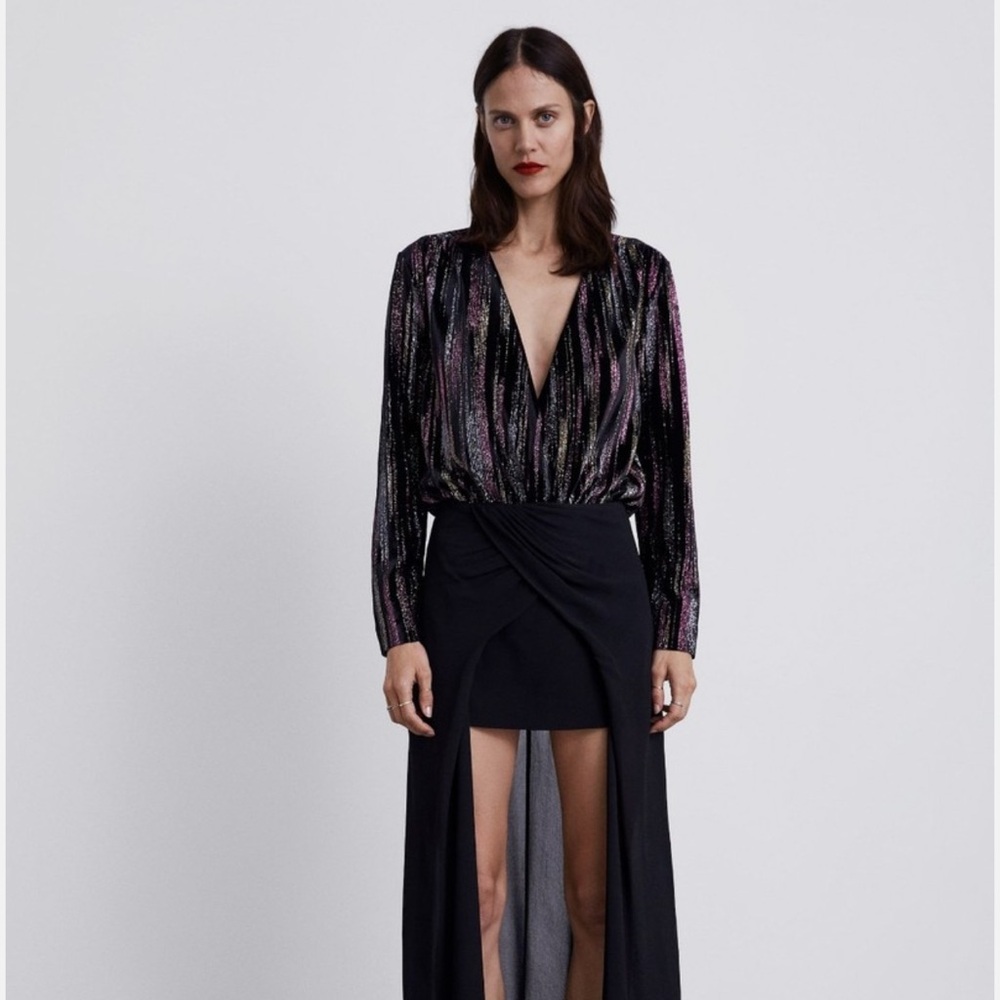 Black Zara Velvet Long Sleeve Shimmer Bodysuit